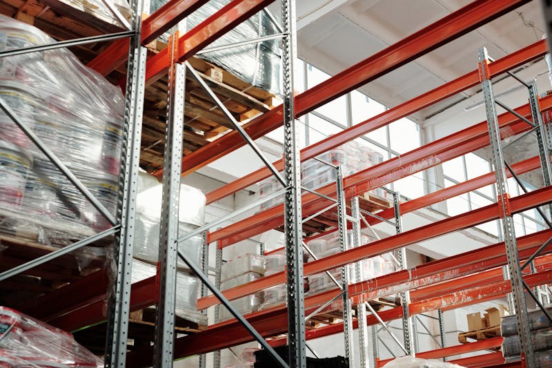 Close-up view of pallet racking beams and uprights in warehouse